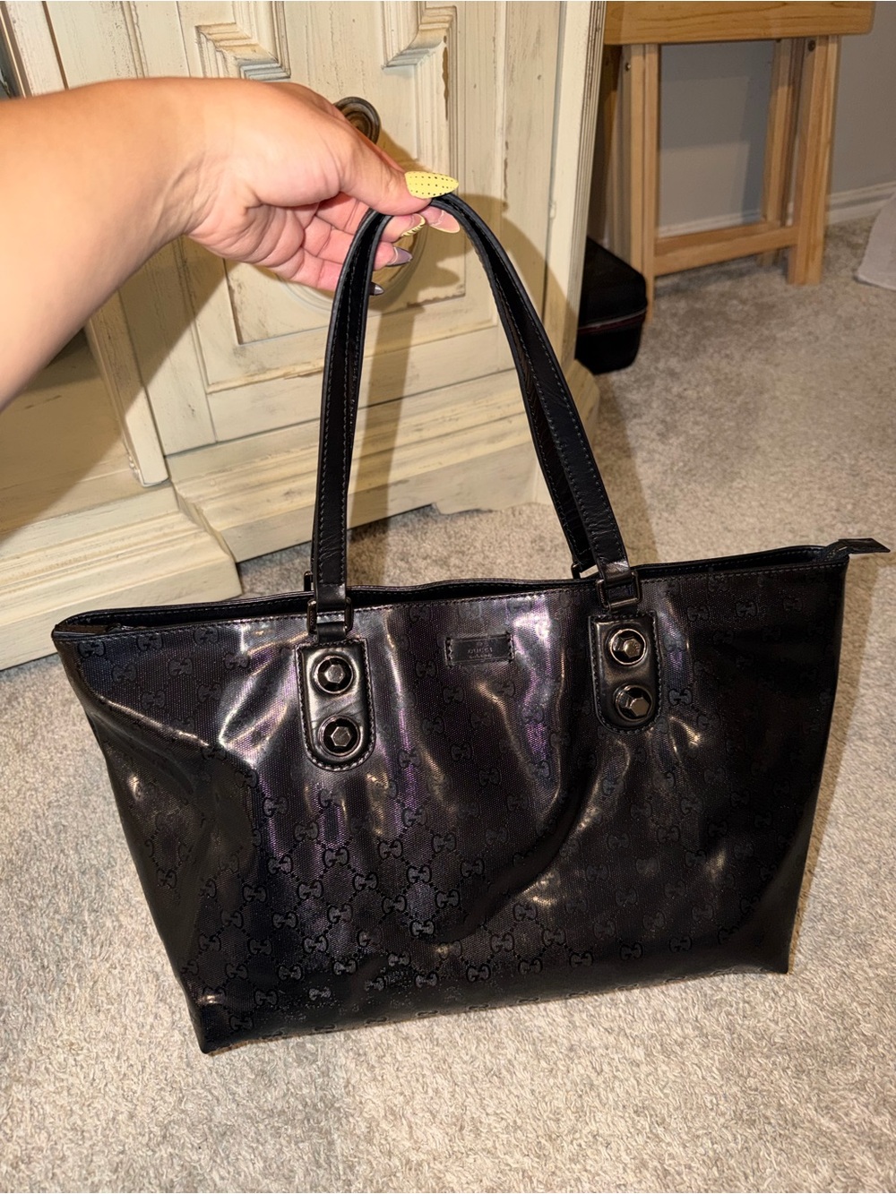 Gucci Black Patent GG Logo Tote Bag with Dual Straps